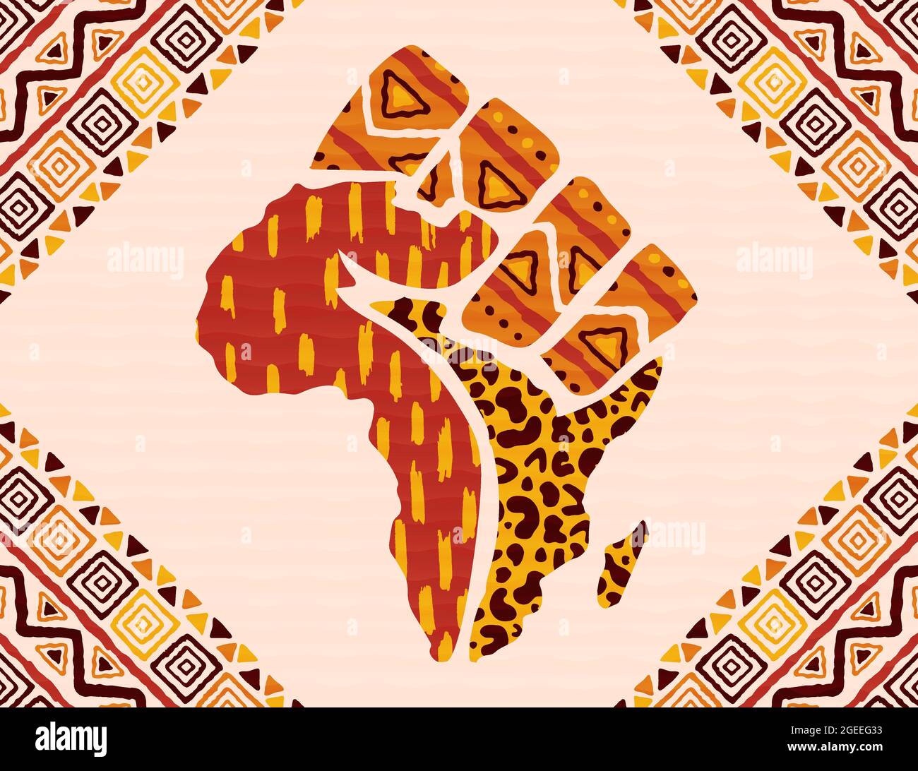 Afrika Kontinent Karte Hintergrund Illustration aus traditionellen afrikanischen Kultur Textur und Hand Faust für Freiheit Konzept oder sozialen Kampf. Stock Vektor