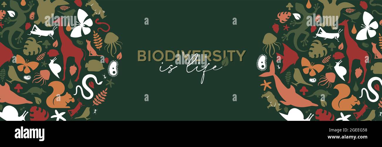 Wild Animal Symbol Form Illustration Banner mit Biodiversität Leben Text Zitat. Vielfältige Tierformen für ein umweltfreundliches Konzept oder Tierschutz c Stock Vektor