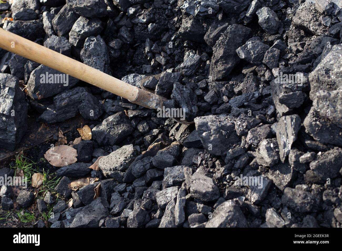 Schaufeln Sie Kohlestücke in eine Schaufel. Brennstoff für den Kessel. Heizung im Haus. Stockfoto