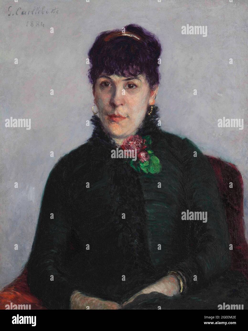 Titel: Frau mit Rose, Ersteller: Gustave Caillebotte Datum: 1884 Medium: Öl auf Leinwand Dimension: 72.7x60.3 cms Ort: Privatsammlung Stockfoto