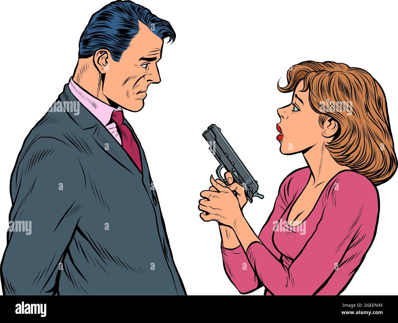 Die Frau zeigte die Waffe auf den Mann. Spione, Agenten und Detektive Stock Vektor