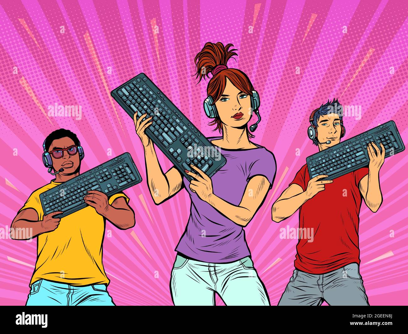 Professionelle Gamer mit Tastatur. Computer-Spiele-Industrie. Mädchen im Vordergrund Stock Vektor
