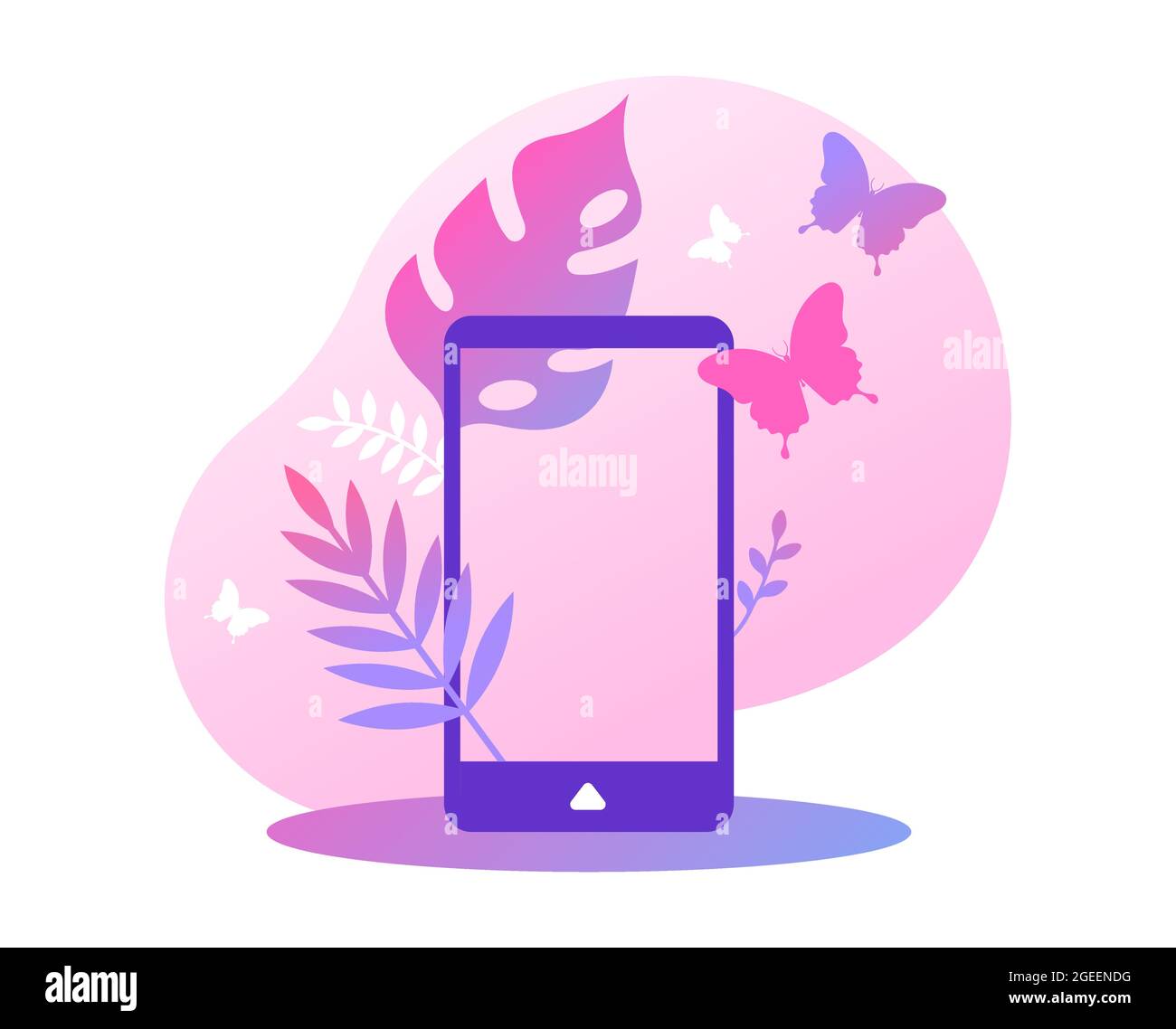 Leerer Smartphone-Bildschirm mit femeninen tropischen Pflanzenblättern und Schmetterlingen. Moderne Technologie Produktpräsentation Vorlage oder Frau Kommunikation Stock Vektor