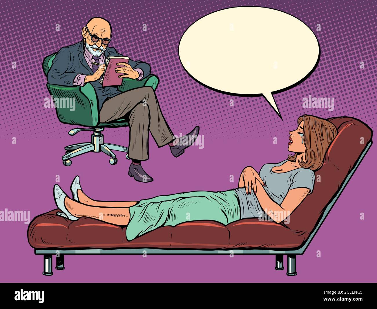 Ein männlicher Psychotherapeut bei einer Psychotherapiesitzung mit einem Patienten, hört einer Frau zu, sitzt auf einem Stuhl und macht Notizen in einem Notizbuch Stock Vektor