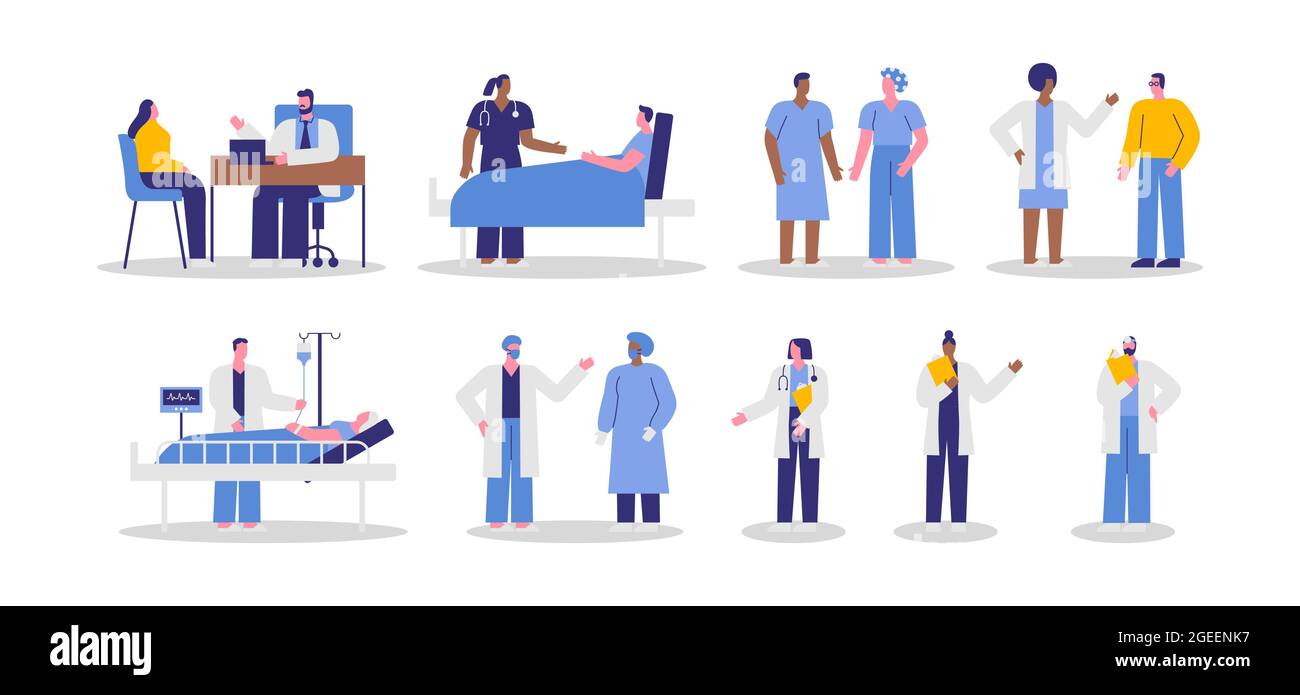 Unterschiedlichster Krankenhausarzt und Patienten mit isoliertem Hintergrund. Modernes flaches Zeichentrickfiguren-Set für medizinisches Design oder Gesundheitskonzept. Stock Vektor