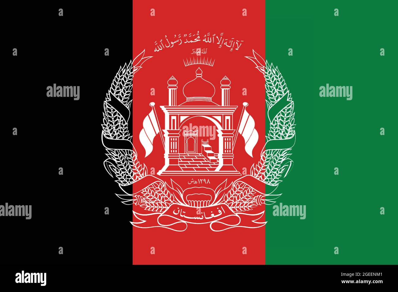 Nationalflagge Afghanistans Originalgröße und Farben Vektorgrafik, Islamische Republik Afghanistan Flagge nationales Emblem Wappen Stock Vektor