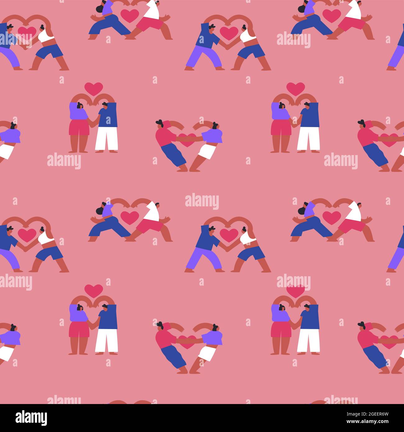 Paare Yoga nahtlose Muster Illustration von jungen Menschen in der Liebe tun verschiedene Fitness-Meditation Posen mit Herzformen. Romantischer Cartoon-Charakter Stock Vektor