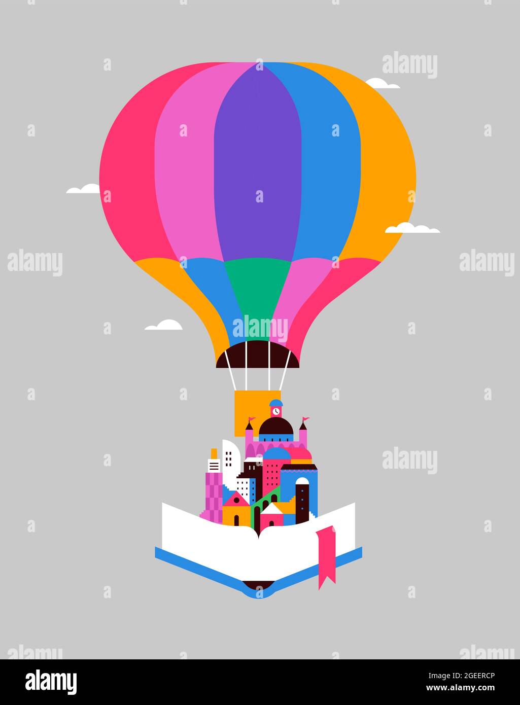 Open Book Illustration der bunten geometrischen Stil Stadtlandschaft fliegen im Heißluftballon für Kinder Bildung, Bücher Festival oder kreative Geschichte c Stock Vektor