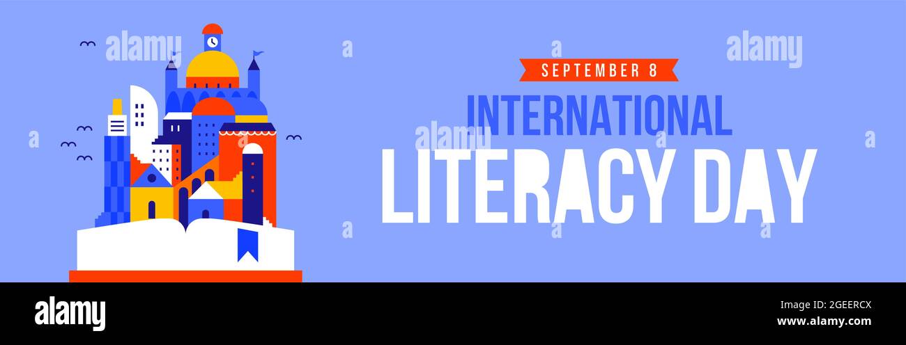 Literacy Day Webbanner Illustration eines offenen Buch-Geschichtenkonzepts mit farbenfroher Stadtlandschaft. Kinder Bildung oder Literatur Festival Design f Stock Vektor