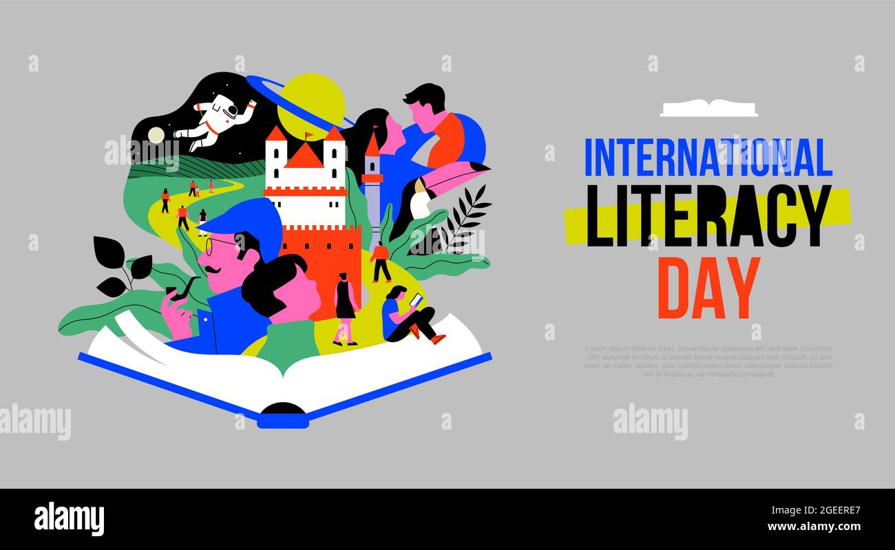 Literacy Day Web-Vorlage Illustration der Buchgeschichte. Literatur Phantasie mit Menschen und Märchenszene. Enthält Romanze Charakter, Natur educ Stock Vektor