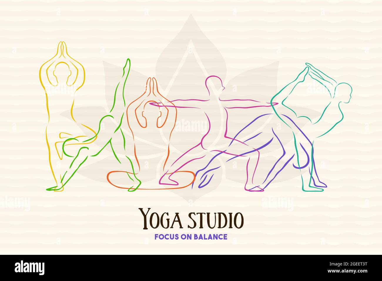 Yoga Studio Illustration von Menschen Übung Gruppe tun Meditation Pose mit bunten Silhouette. Gesundheits- und Geisteskonzept für spirituelles Wohlbefinden. Stock Vektor