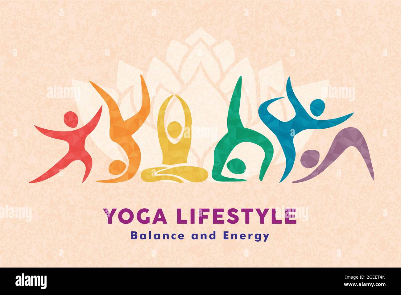 Yoga Lifestyle Illustration von verschiedenen bunten Menschen Gruppe tun Meditation Posen in abstrakter Form Stil. Gesundheit und Körperbalance Konzept für fitne Stock Vektor