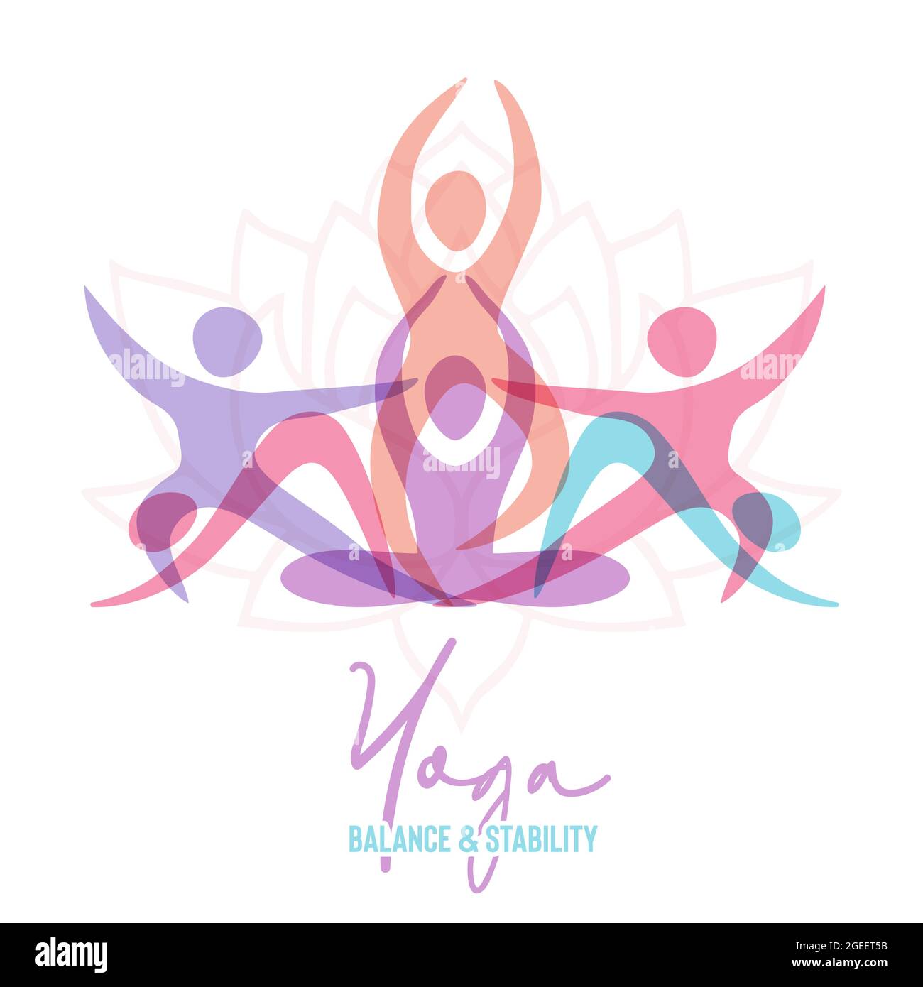 Yoga Balance Illustration von Menschen Übung Gruppe tun Meditation Pose mit abstrakten Formen. Gesundheits- und Geisteskonzept für spirituelles Wohlbefinden. Stock Vektor