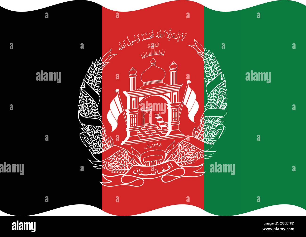 Gewellte Nationalflagge Afghanistans Originalgröße und Farben Vektorgrafik, Islamische Republik Afghanistan Flagge nationales Emblem Wappen Stock Vektor