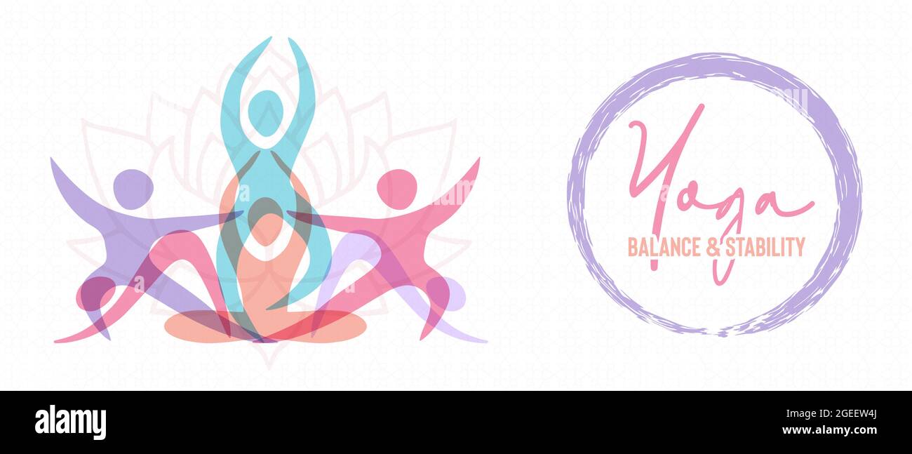 Yoga Balance Web Banner Illustration von Menschen Übung Gruppe tun Meditation Pose mit abstrakten Formen. Gesundheit und Geist Konzept für spirituelle Wellne Stock Vektor
