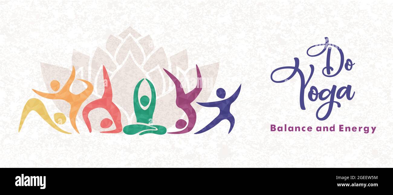 Do Yoga Web Banner Illustration von verschiedenen bunten Menschen Gruppe tun Meditation Posen in abstrakter Form Stil. Gesundheits- und Körpergleichgewicht Konzept für f Stock Vektor