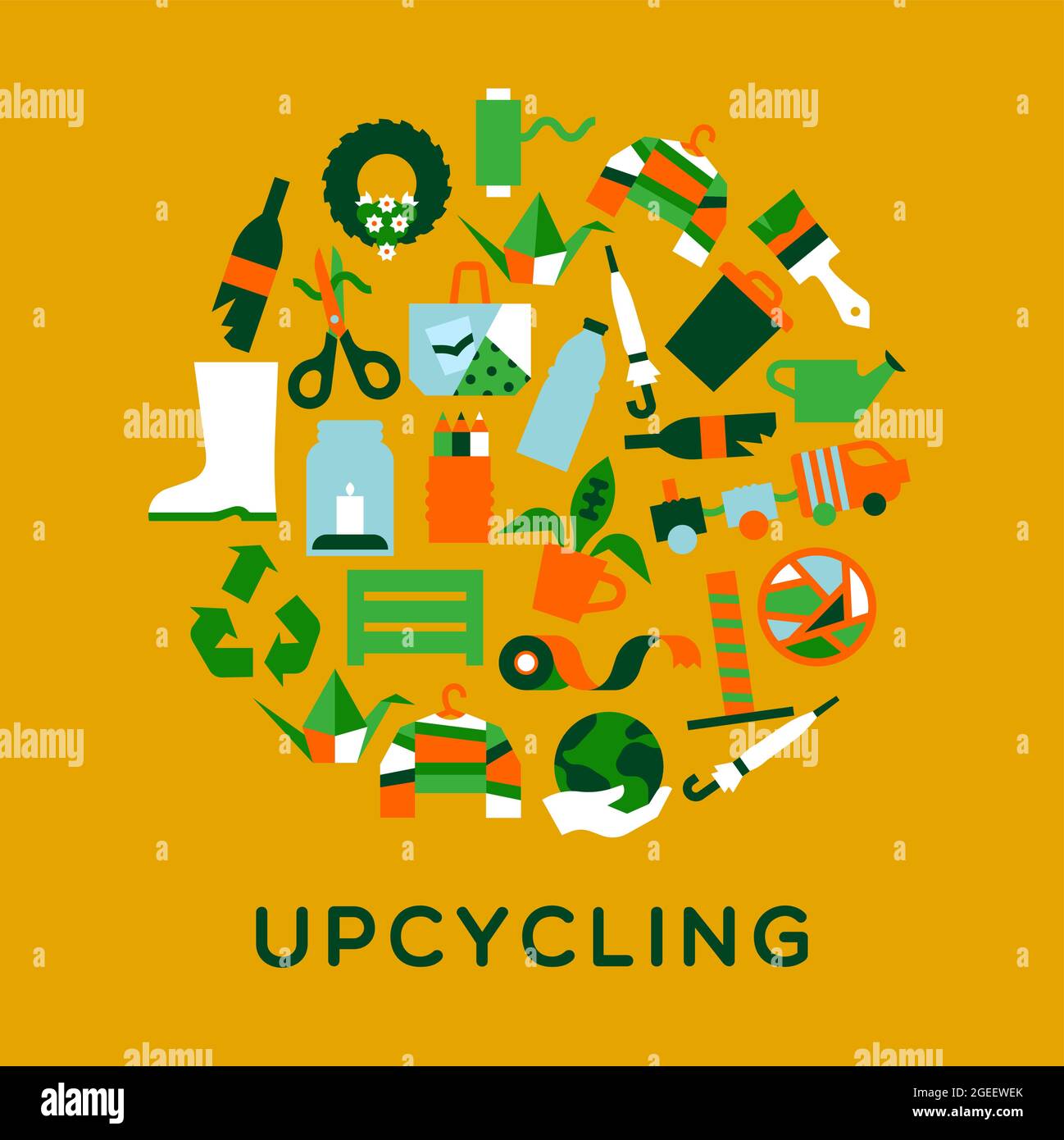 Upcycling Illustration von geometrischen flachen Cartoon-Symbol Dekoration. DIY Upcycle Concept Design umfasst wiederverwendete Pflanzentopf, grünen Planeten und Flaschenspielzeug. Stock Vektor