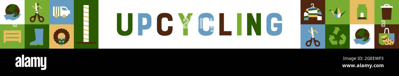 Upcycling umweltfreundliche Web-Banner Illustration von verschiedenen DIY Upcycling Dekoration in flachen geometrischen Mosaik Cartoon-Stil. Grüne recycelte Symbole inklusive Stock Vektor