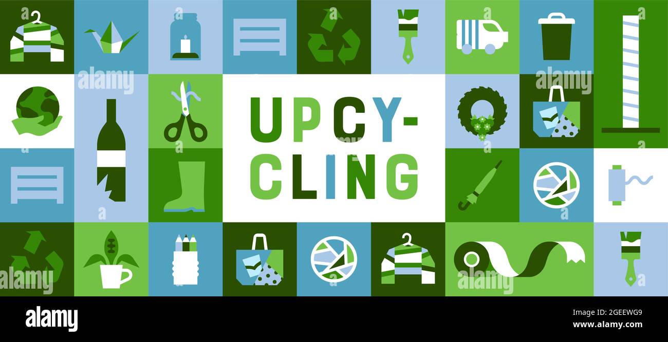 Upcycling umweltfreundliche Web-Banner Illustration von verschiedenen DIY Upcycling Dekoration in flachen geometrischen Mosaik Cartoon-Stil. Grüne recycelte Symbole inklusive Stock Vektor