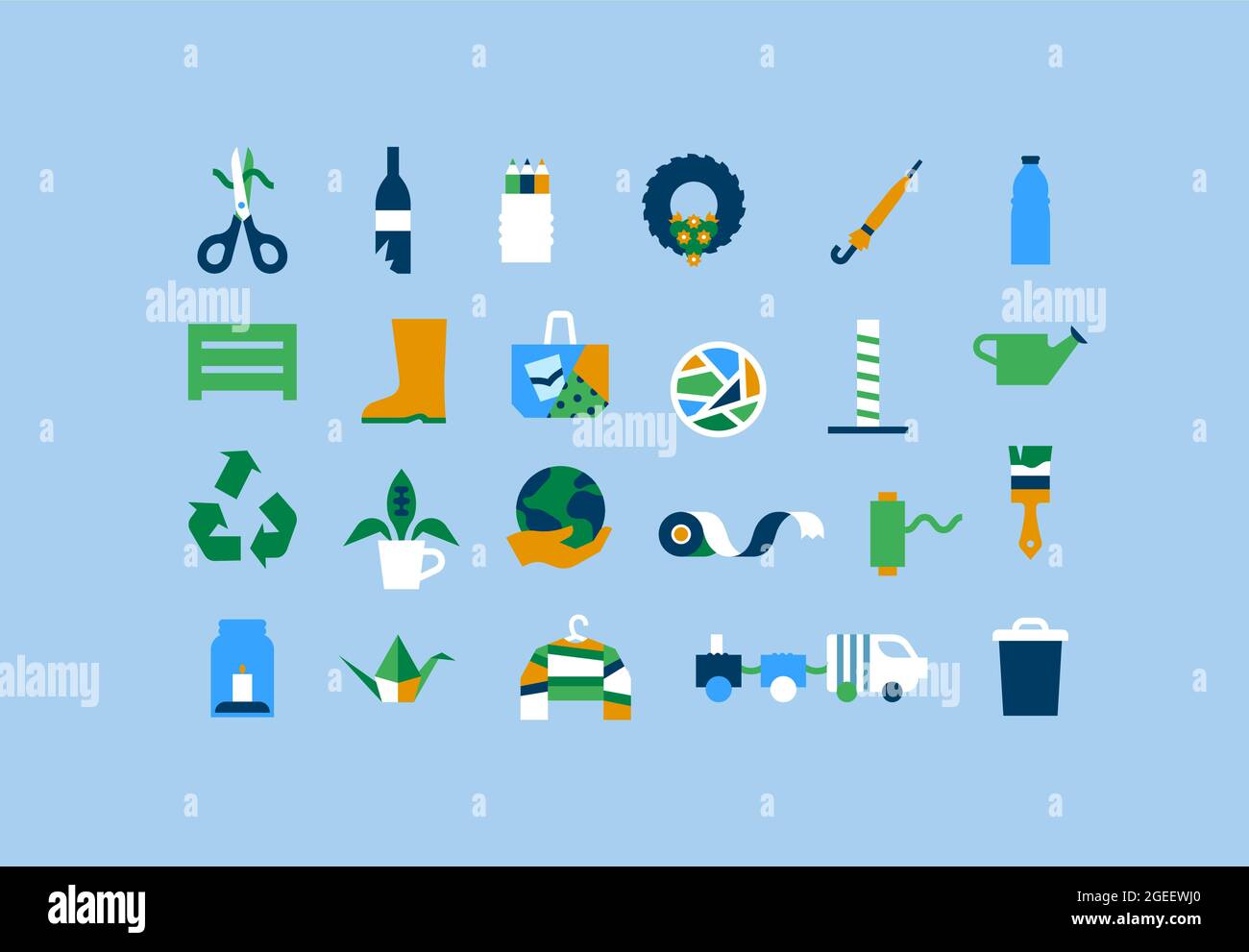 Umweltfreundliches Cartoon-Icon-Set zum Upcycle. Moderne flache geometrische Schilderkollektion mit recycelten Heimwerkerobjekten, grünem Planeten und Pfeil-Symbol auf isoliert Stock Vektor
