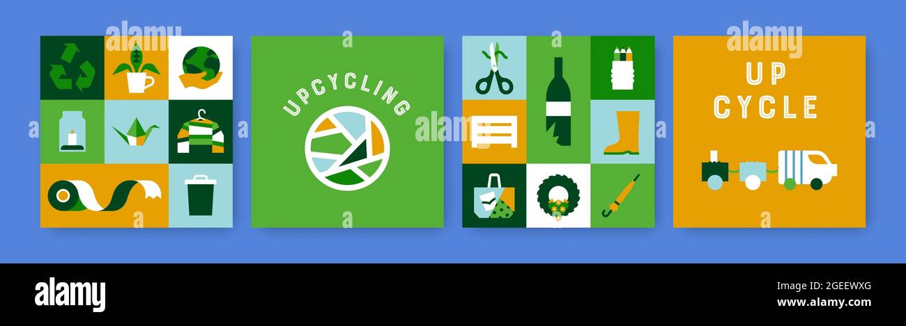 Upcycling umweltfreundliche Karte Illustration Set von verschiedenen DIY Upcycling Dekoration in flachen geometrischen Cartoon-Stil. Grüne recycelte Banner Kollektion inkl. Stock Vektor