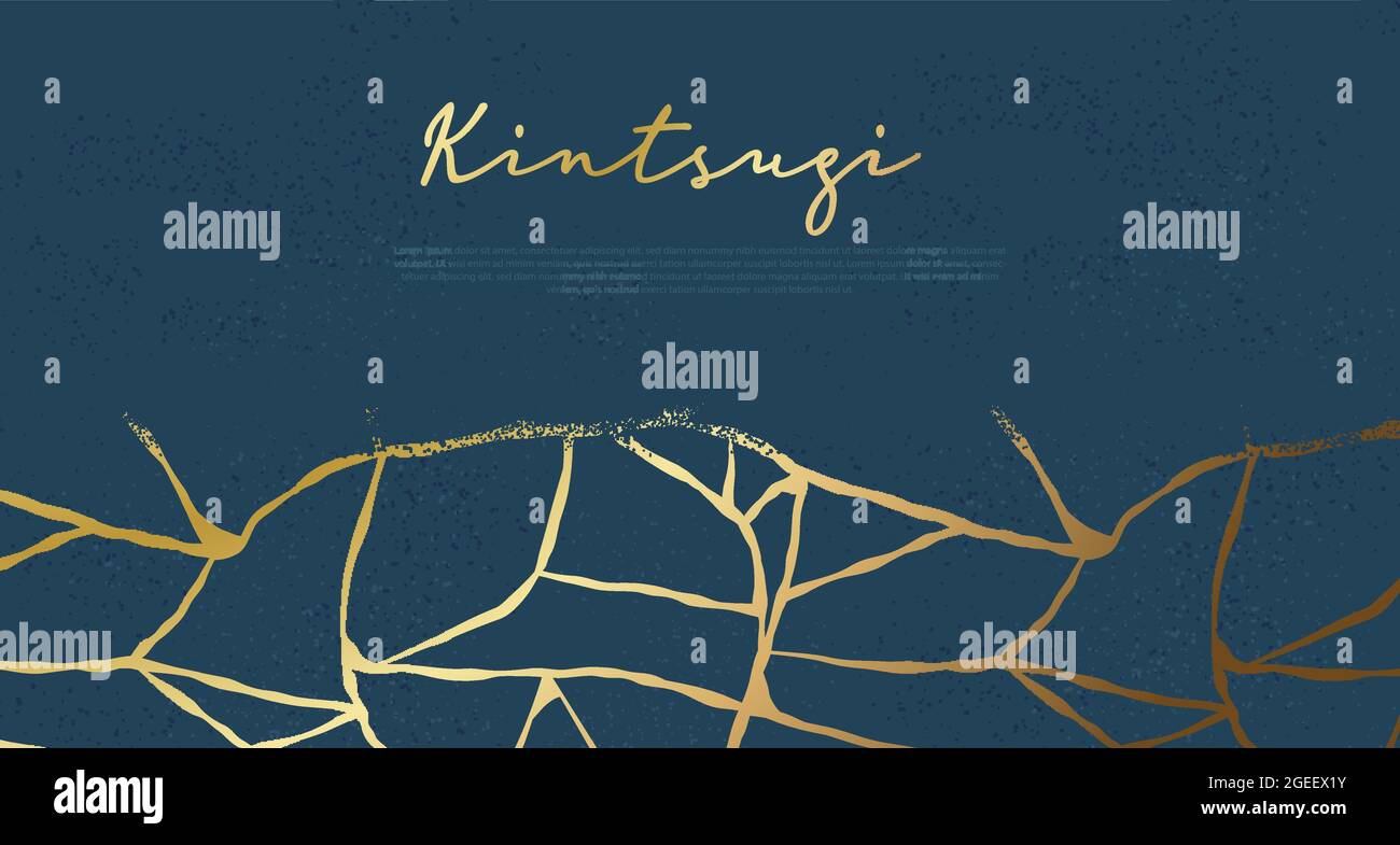 Kintsugi Textur Web Vorlage Hintergrund. Traditionelle japanische gebrochene Oberfläche mit luxuriösen Goldlinien und Kopierraum. Stock Vektor