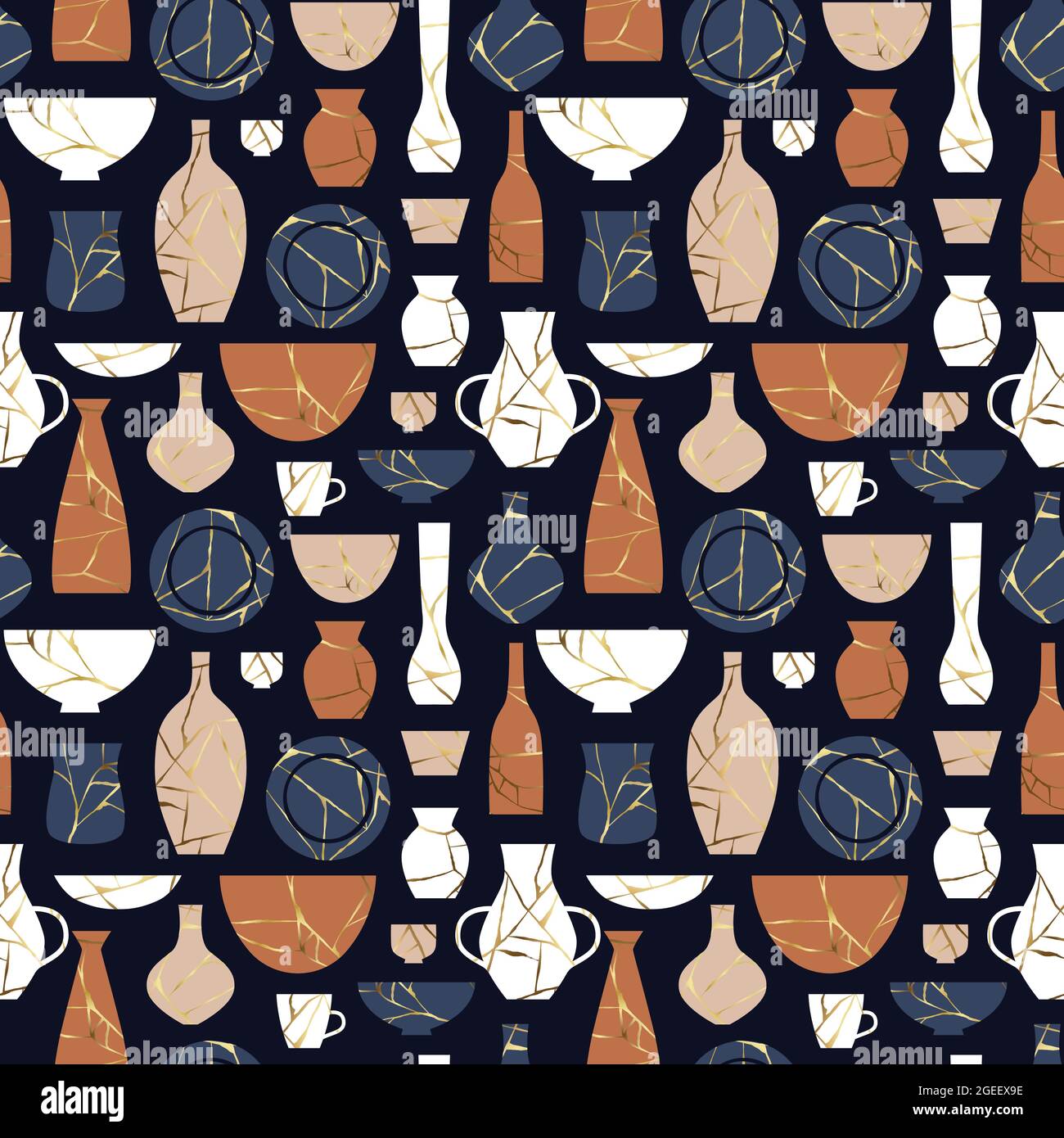 Kintsugi Keramik Keramik Dekoration nahtlose Muster. Traditionelle japanische Kultur Vase und Glas Hintergrund, Home-Dekor minimalistische Tapete. Stock Vektor