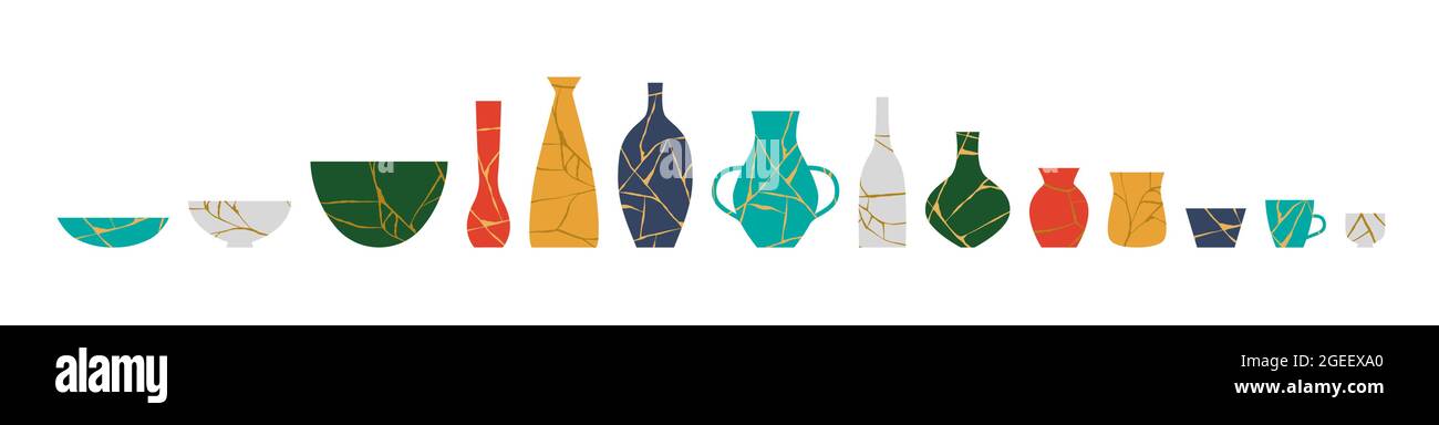 Set von Kintsugi Keramik Keramik Dekoration Ikonen. Traditionelle japanische Kultur Vase und Glas Sammlung auf isoliertem weißem Hintergrund. Farbenfrohes Zuhause dez Stock Vektor