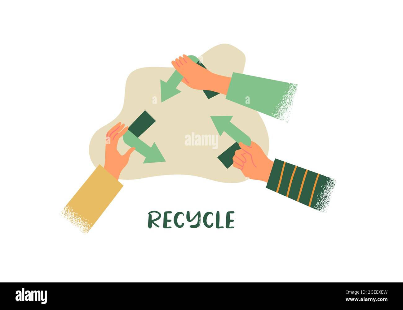 Recycling umweltfreundliches Illustrationskonzept. Junge Leute Team hält grünen Recycling-Pfeil Zeichen zusammen auf isoliertem weißen Hintergrund. Stock Vektor