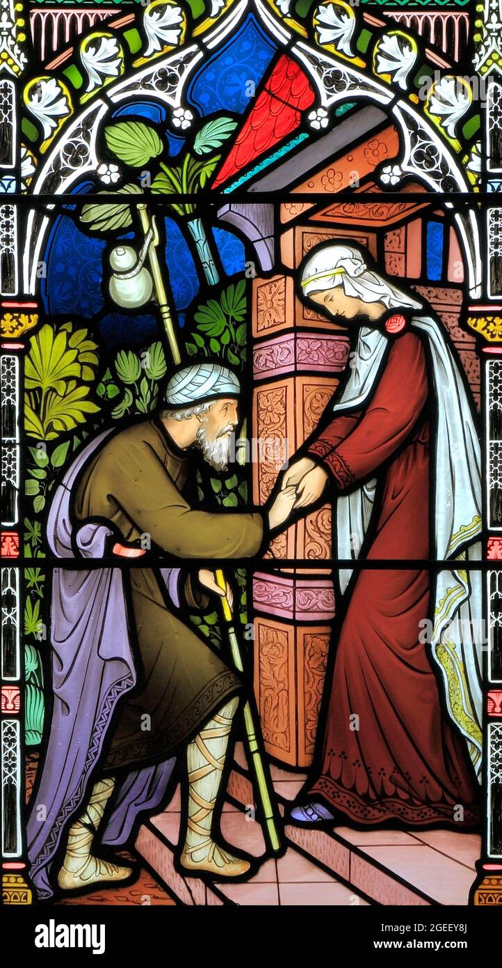 Corporal Acts of Mercy, Fenster, Glasmalerei, von Frederick Preedy, 1868 Sheltering the Obdachlos, Gunthorpe, Norfolk, England, Bibel, Biblisch Stockfoto