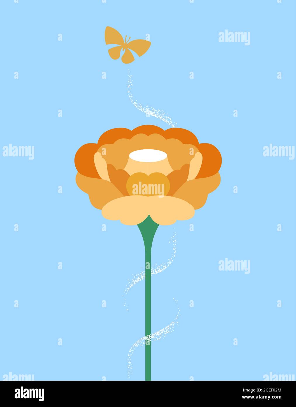 Naturszene Illustration, große offene Frühlingsblume und Schmetterling fliegen auf blauem Himmel Hintergrund. Modernes flaches Cartoon-Design für die Umwelt oder saisonal Stock Vektor