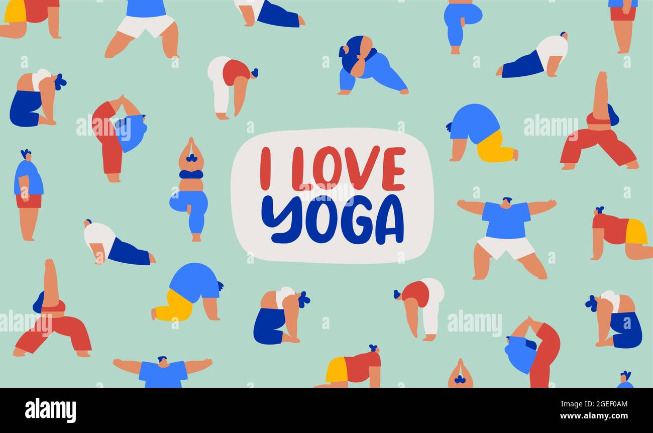 Ich liebe die Yoga-Illustration für einen gesunden Lebensstil oder ein Konzept für Freizeitaktivitäten. Diverse junge Leute Gruppe tun Übung Posen, lustige Fitness Menge backg Stock Vektor