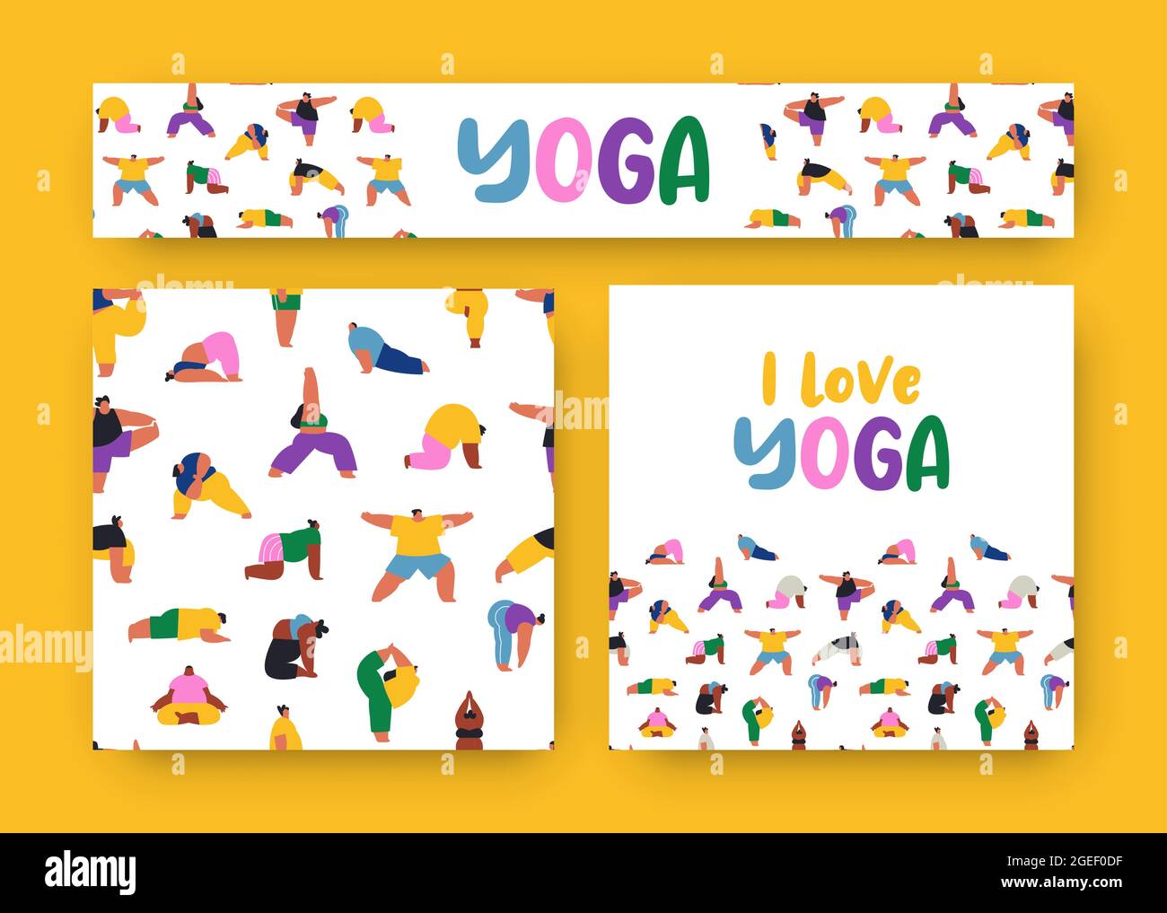 Ich liebe Yoga-Bannerillustrationsset mit nahtlosem Muster für einen gesunden Lebensstil oder ein Konzept für Freizeitaktivitäten. Verschiedene junge Menschen machen zusammen Sport Stock Vektor