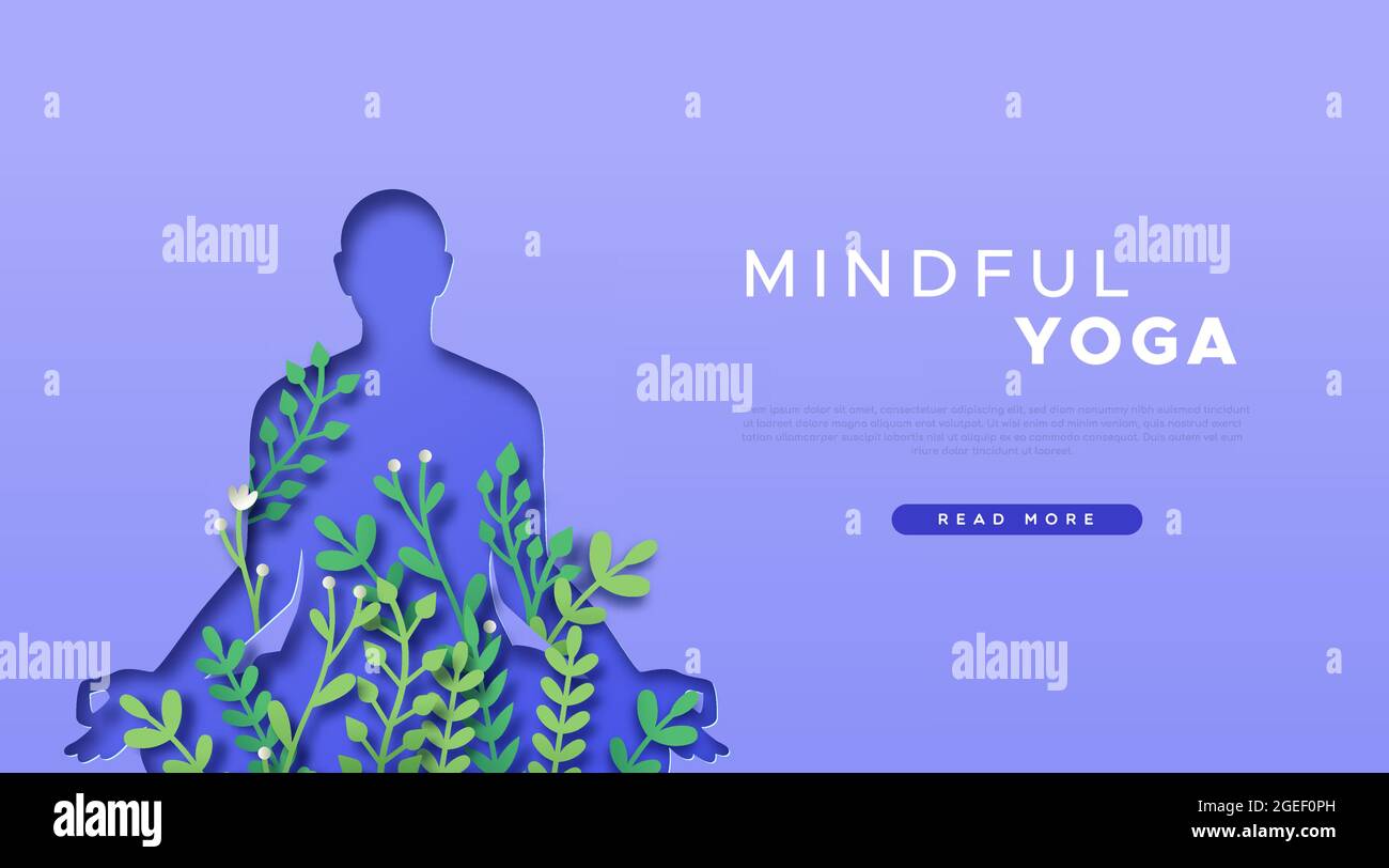 Papercut Yoga Web Vorlage Illustration mit realistischen 3d grünen Pflanzen und Papier Handwerk Mann tun Lotus Pose. Natürliche Gesundheit Lebensstil oder spirituelle con Stock Vektor