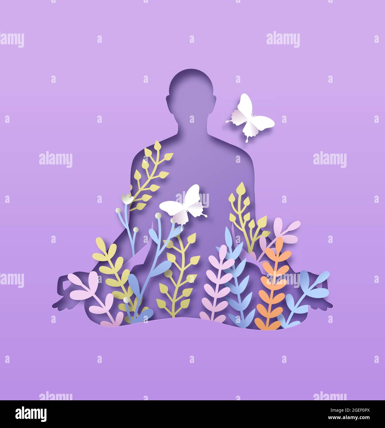 Papercut Mann Körper Silhouette tun Lotus Yoga Pose mit 3d-Papier geschnitten Pflanzenblatt und Schmetterling. Naturverbindungskonzept für einen gesunden Lebensstil oder Peac Stock Vektor