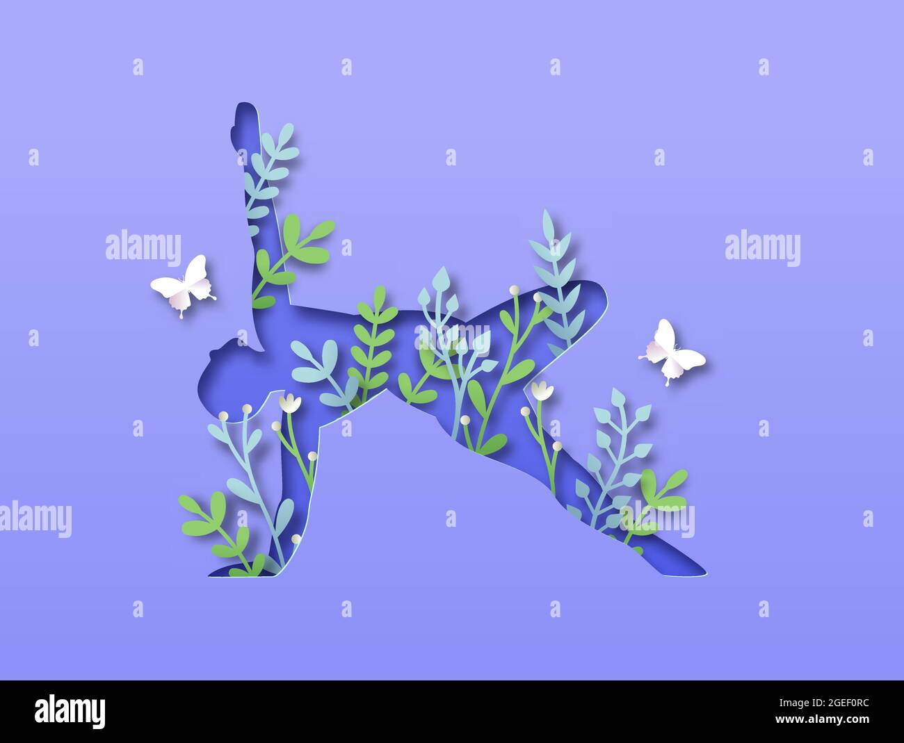 Papercut Mann Körper Silhouette tun Seite Plank Yoga Pose mit 3d-Papier geschnitten Pflanzenblatt und Schmetterling. Naturverbindungskonzept für einen gesunden Lebensstil oder Stock Vektor