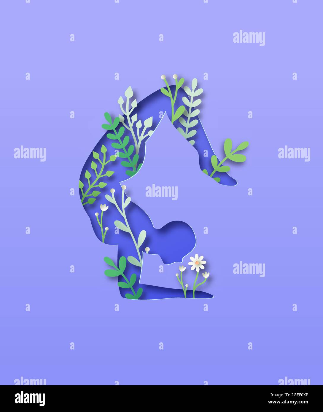 Papercut Mann Körper Silhouette tun Yoga Pose mit 3d-Papier geschnitten Pflanze Blatt und Blume. Naturverbindungskonzept für einen gesunden Lebensstil oder eine friedliche Rela Stock Vektor