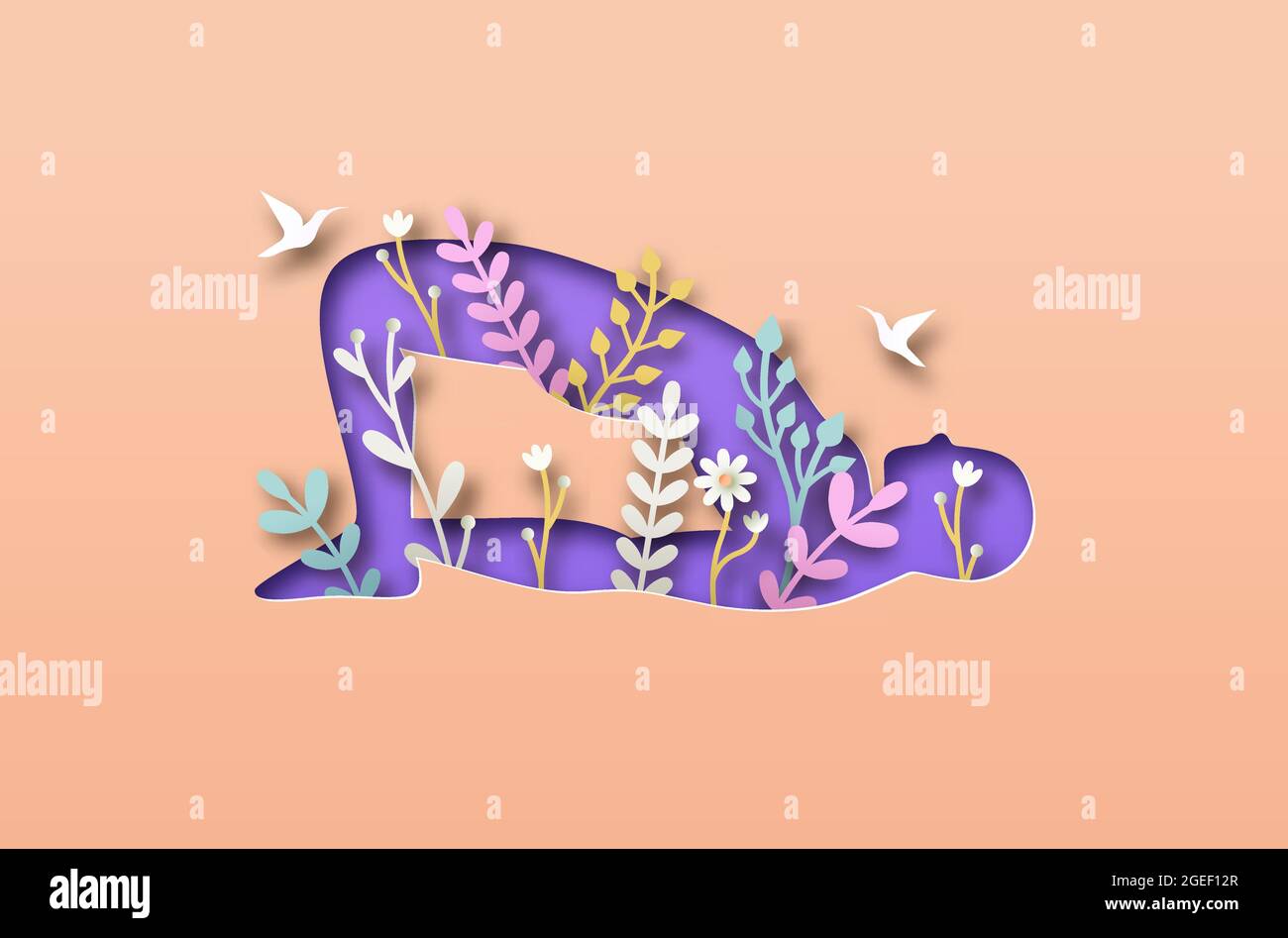 Frau Körper Silhouette tun Yoga Backbend Pose. Gesundes Fitness-Lifestyle-Konzept mit Naturblatt-Dekoration. Asana Meditation für Wellness. Stock Vektor