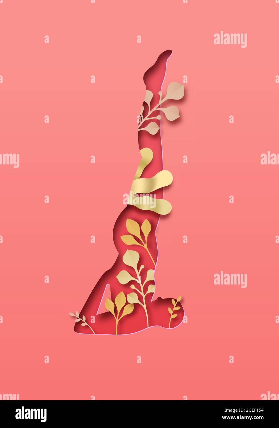 Frau Körper Silhouette tun Yoga Schulter Stand Pose. Gesundes Fitness-Lifestyle-Konzept mit Naturblatt-Dekoration. Asana Meditation für Wellness. Stock Vektor