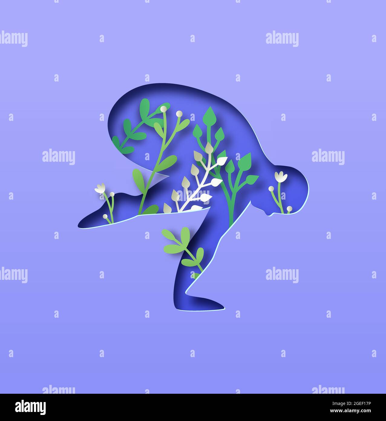 Papercut Mann Körper Silhouette tun Krähe Yoga Pose mit 3d-Papier geschnitten Pflanze Blatt und Blume. Nature Connection Konzept für einen gesunden Lebensstil oder friedlich Stock Vektor