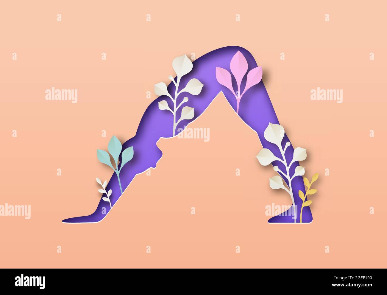 Frau Körper Silhouette tun Yoga nach unten Hund Pose. Gesundes Fitness-Lifestyle-Konzept mit Naturblatt-Dekoration. Asana Meditation für Wellness. Stock Vektor