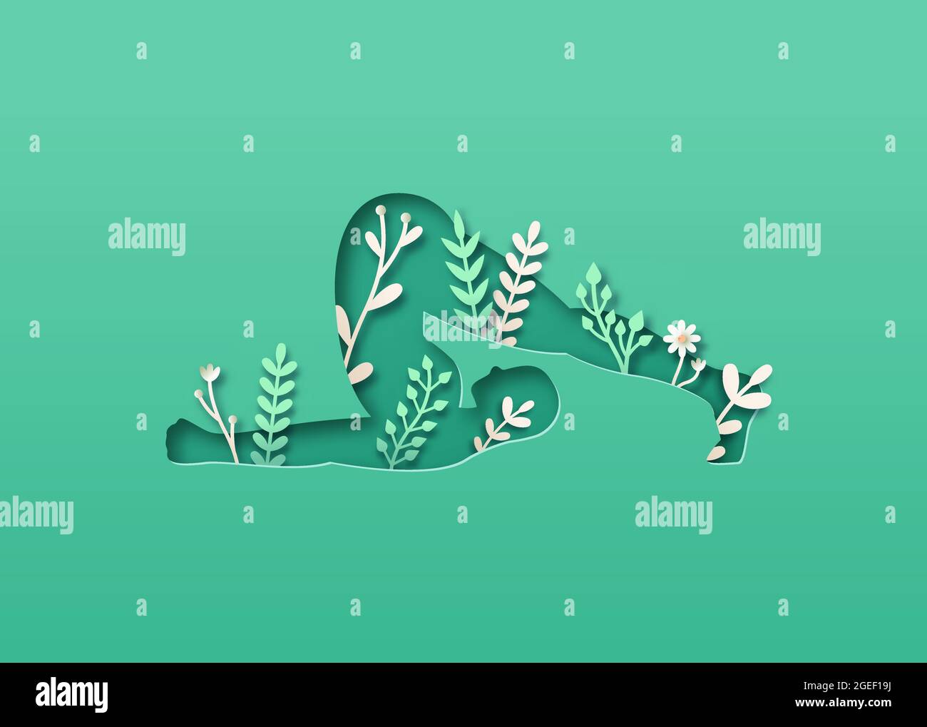 Frau Körper Silhouette tun Yoga Pflug Pose. Gesundes Fitness-Lifestyle-Konzept mit Naturblatt-Dekoration. Asana Meditation für Wellness. Stock Vektor