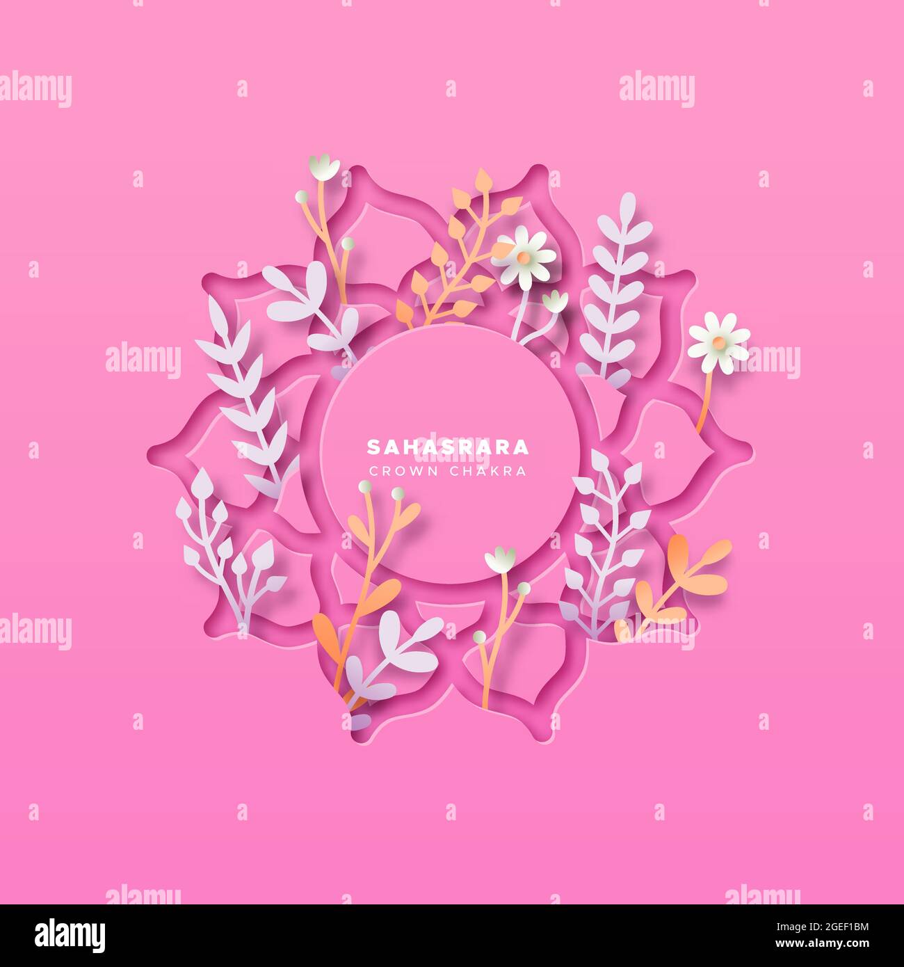 Papercut Krone Chakra Zeichen Form Illustration mit realistischen 3d-Pflanzen und Papier Handwerk Natur Blatt Dekoration. Yoga-Symbol des traditionellen sahasrara BU Stock Vektor