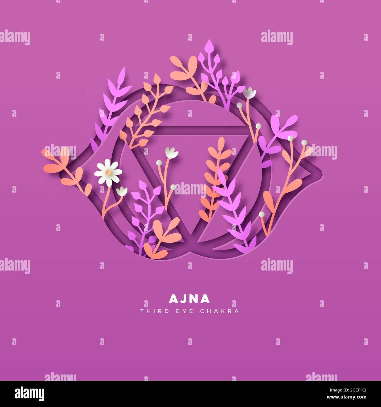 Papercut dritte Auge Chakra Zeichen Form Illustration mit realistischen 3d-Pflanzen und Papier Handwerk Natur Blatt Dekoration. Yoga Symbol der traditionellen Ajna Knospe Stock Vektor