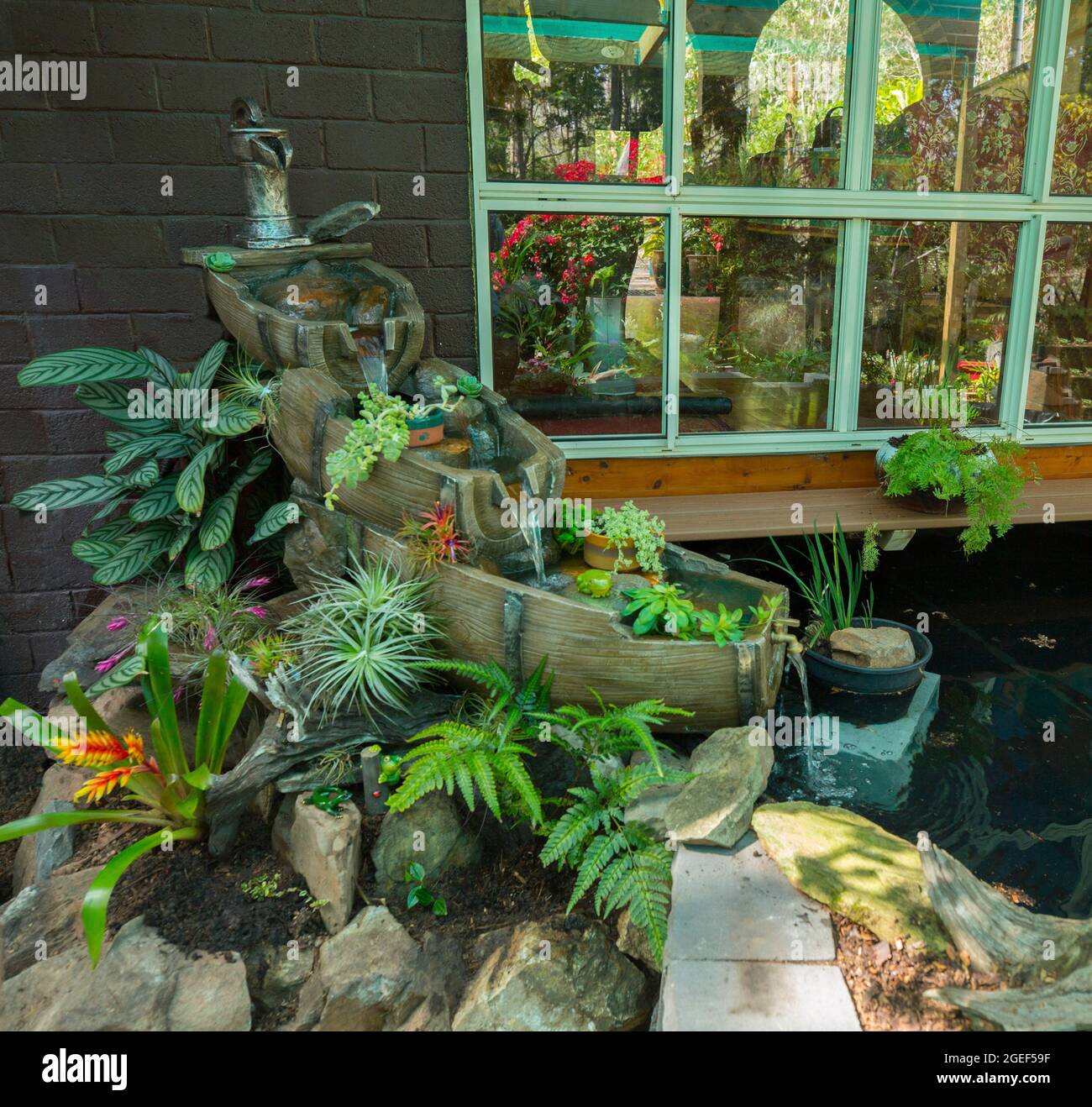 Dekoratives Gartenwasser, Wasserfall mit Wasser, das über alte Holzfässer auf einem Steingarten mit Farnen und Bromelien in Australien rieselt Stockfoto