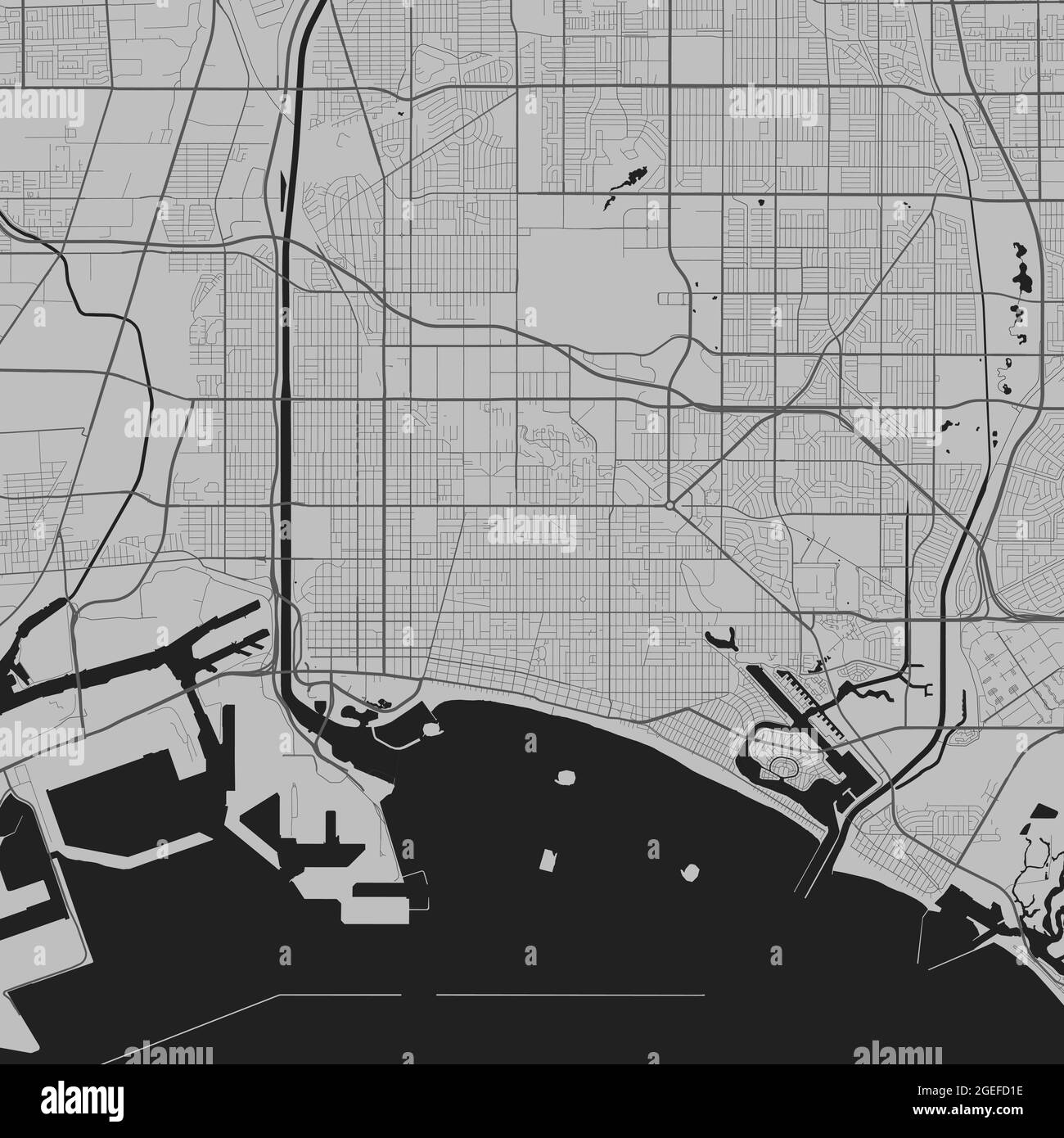 Stadtplan von Long Beach. Vektorgrafik, Long Beach Karte Graustufen Kunstposter. Straßenkarte mit Straßen, Ansicht der Metropolregion. Stock Vektor