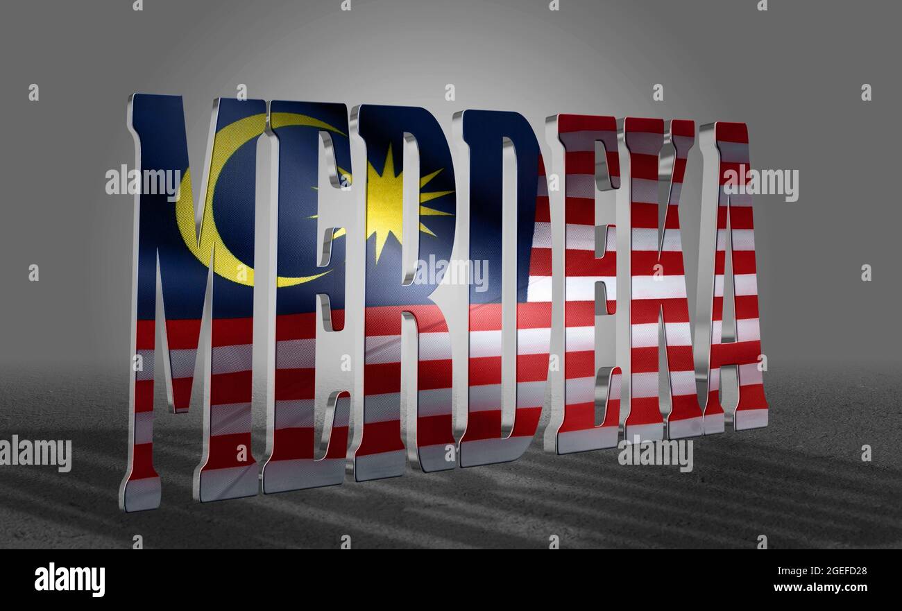 3D-Rendering des Textes Malaysia Merdeka bedeutet Malaysias Unabhängigkeit mit der malaysischen Flagge auf texturiertem Hintergrund Stockfoto