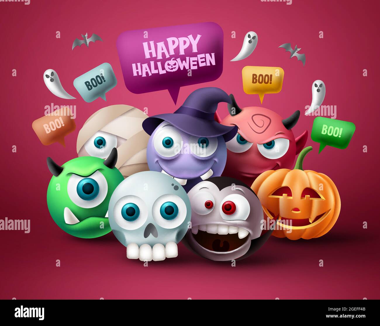 Halloween Charakter Vektor-Design. Happy halloween Text in Sprechblase Element mit gruseligen, gruseligen, gruseligen und niedlichen Maskottchen-Zeichen Stock Vektor