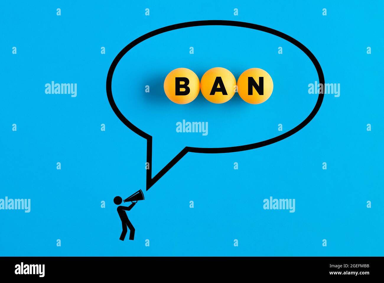 Megaphon Mann Symbol ruft das Wort Verbot in einer Sprechblase geschrieben. Einschränkung, Verbot oder Blockierung Konzept. Stockfoto