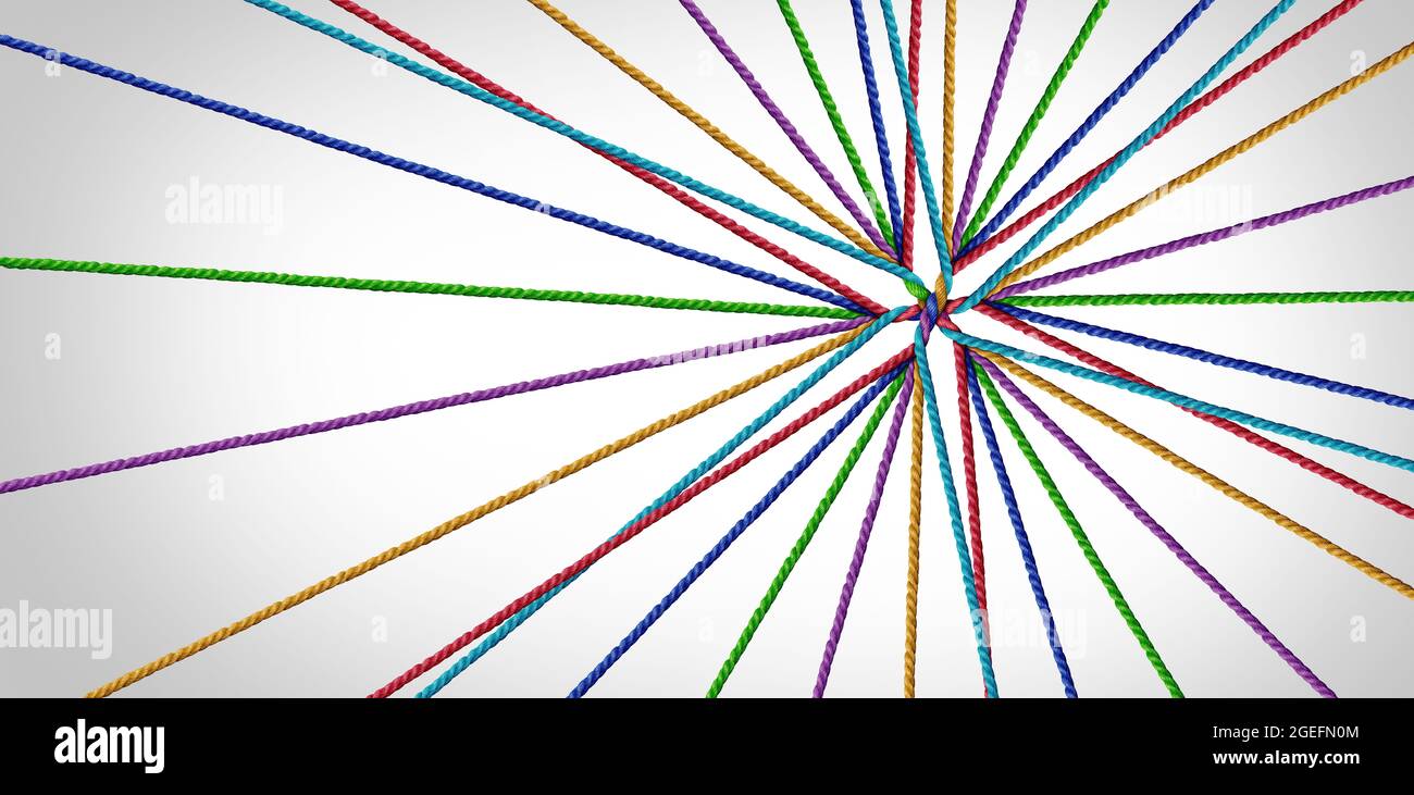Gemeinsam Unity-Konzept und Verbindung als Teamwork-Idee und Geschäftsmetapher für den Beitritt zu einer Partnerschaft der Vielfalt als verschiedene Seile verbunden. Stockfoto